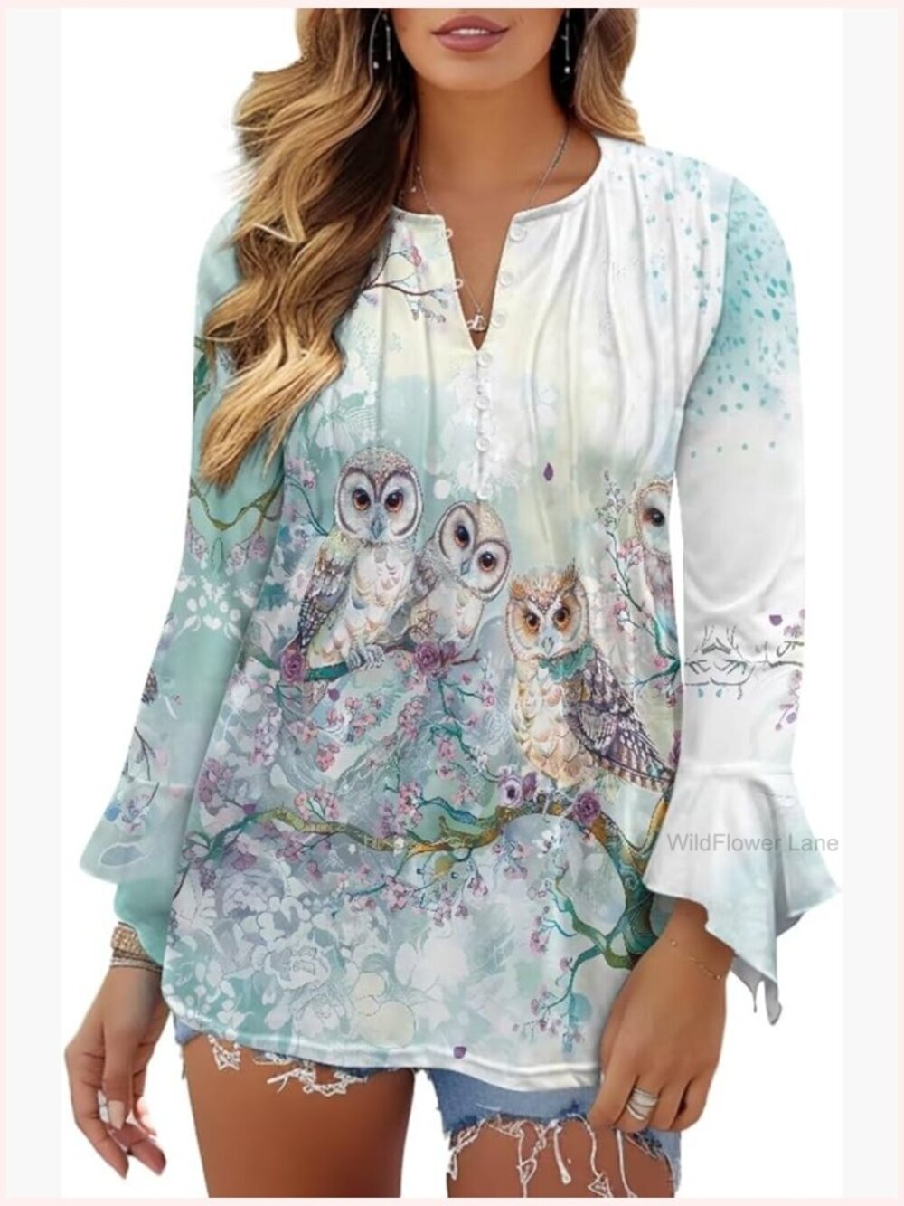 Bell Long Sleeve Pleated V Neck Tunic Top Blouse Button Up Dressy Casual Shirt